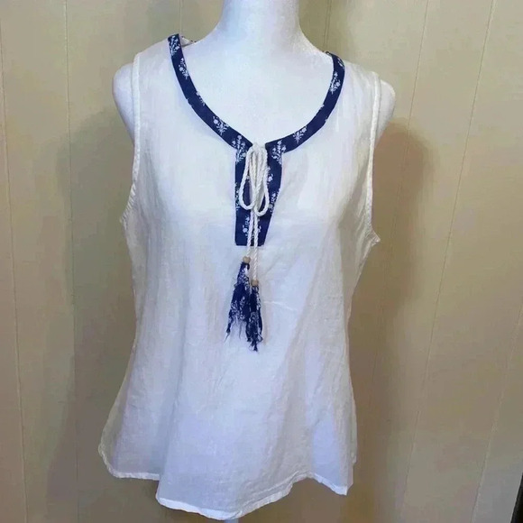 Natura Tops - Natura White Cotton Sleeveless Top with Blue Trim and Tassels in Size Large.